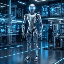 A humanoid robot in a futuristic lab